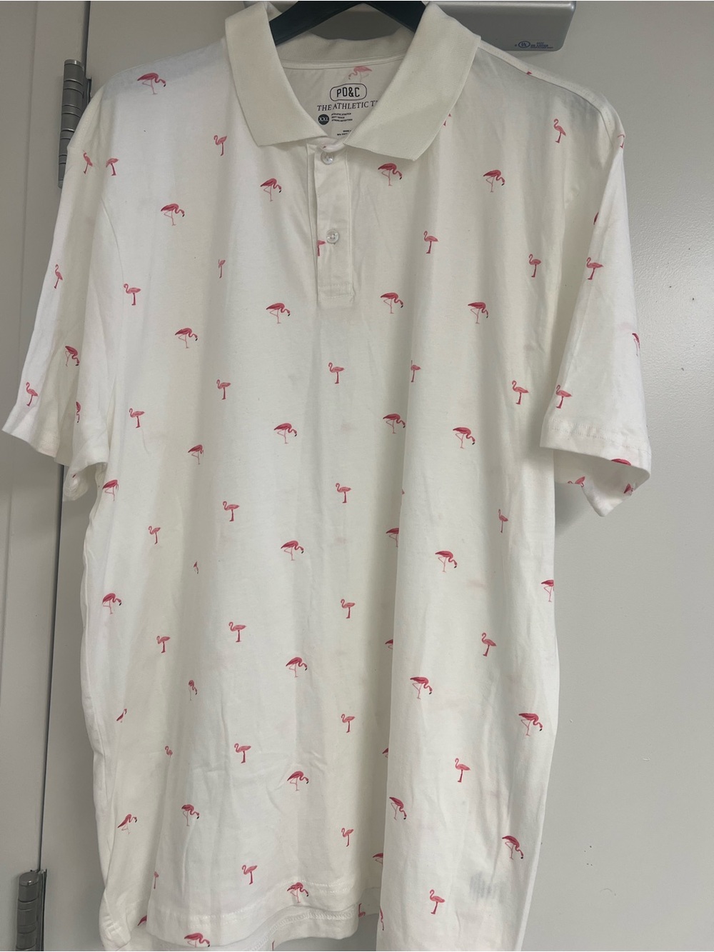 PD&C White Polo with Pink Flamingo Motif
